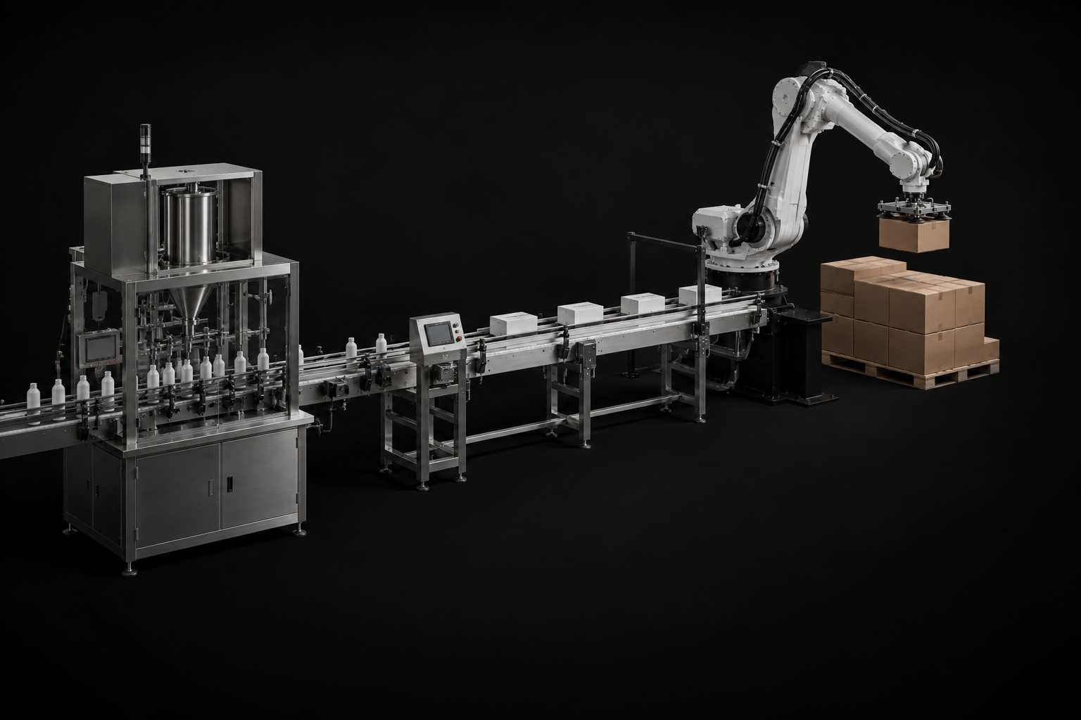 Complete packaging line: filling station, conveyor, and robotic case packer