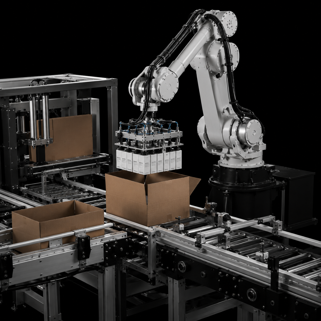 Robotic top-load case packer placing products into a corrugated case
