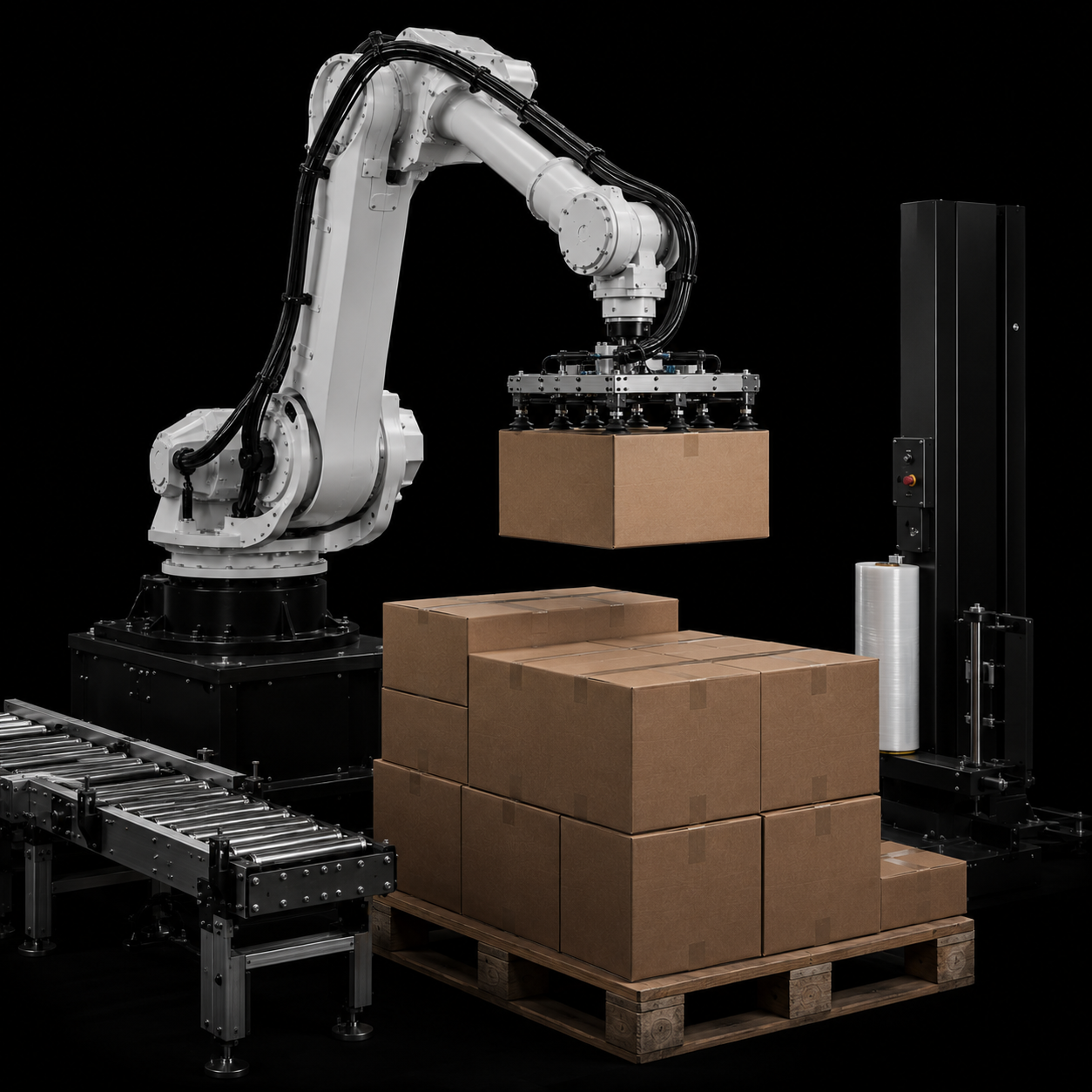 Industrial 6-axis palletizer building a mixed-SKU pallet